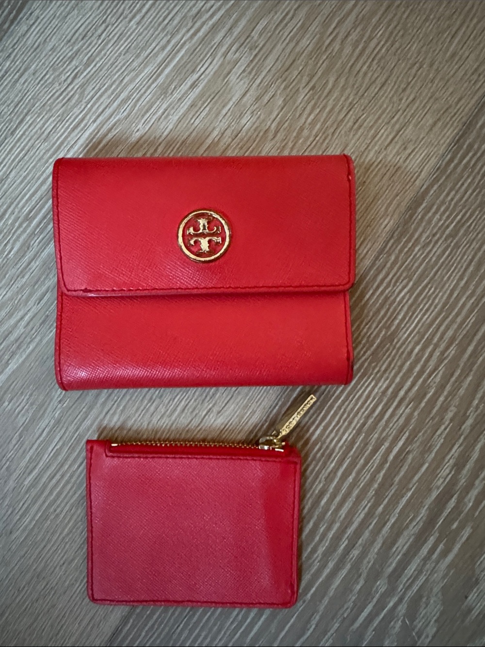 Tory Burch Red Leather Wallet and Matching Coin Pouch with Gold Logo